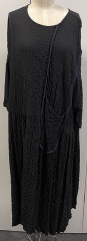 KEDEM BLACK SOFT FABRIC DRESS WITH NAVY POCKET AND TRIM